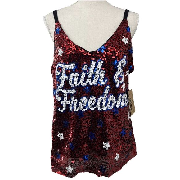 NWT Chance or Fate, Faith & Freedom red, white & blue sequined tank. Sz L - Picture 2 of 11
